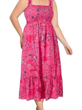 Pinup Fashion Pink Floral Smocked Midi Dress - Women Size 20 NWT